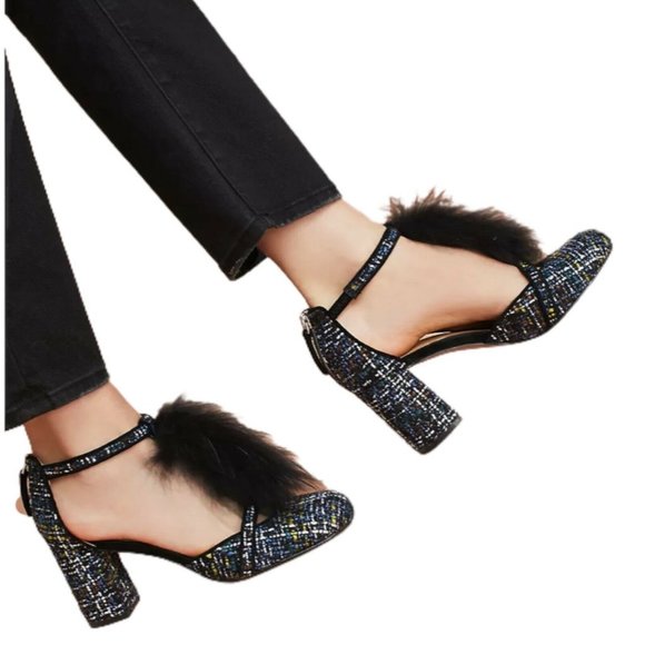 Anthropologie Shoes - Anthropologie Bettye Muller women 9 Blue T strap Tweed Block Heel Pumps